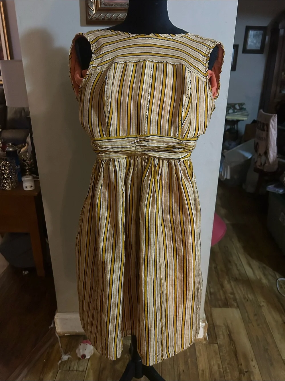 Tory Burch Striped Yellow Midi Dress with Gathered Waist size 2